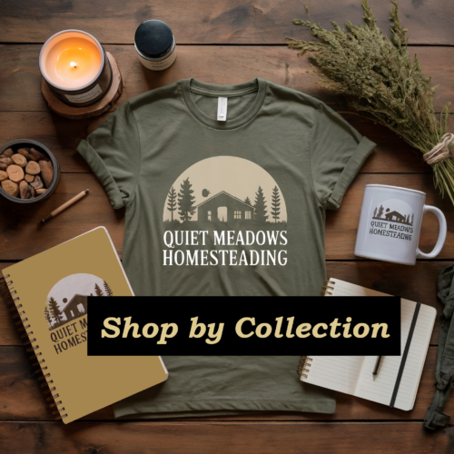 a collection of Quiet Meadows themed items, t-shirt, candle, journal, coffee mug and candle.