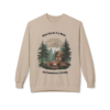 10162539703565773186_2048.webp Beige crewneck sweatshirt with a graphic of a log cabin in the woods, a campfire, and the text 'When the Wi-Fi is weak... the Connection is strong.'