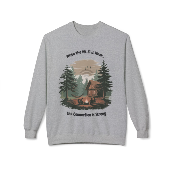 10729128717003133679_2048.webp Gray crewneck sweatshirt featuring a graphic of a cabin in the woods with people around a campfire.