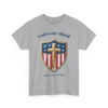 11368513051966071519_2048-1.webp Grey tee shirt featuring a shield graphic with a cross, American flag stripes, and stars, reading 'God is our shield 250th Anniversary'.