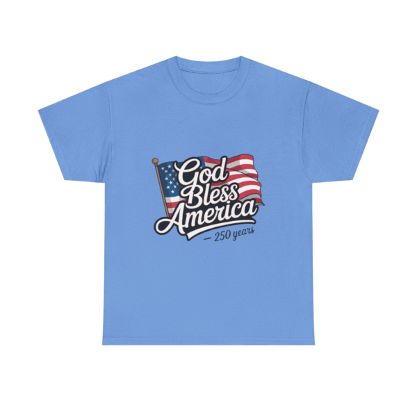 11850952429039404630_2048.webp Light blue t-shirt with 'God Bless America - 250 years' design incorporating American flag elements.