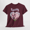 12015732041215492343_2048.webp Maroon t-shirt featuring a cartoon pig wearing a bow tie inside a heart with the text 'My Pet Piggy'.