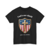 12737718216345030963_2048-1.webp Black t-shirt featuring a shield design with a cross, stars, and stripes, and the text 'God is our shield' and '250th Anniversary'.