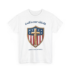 14947816849870641769_2048-1.webp White t-shirt featuring a shield design with a gold cross overlaid on American flag stripes and stars, with the text 'God is our shield' above and '250th Anniversary' below.