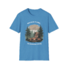 Blue t-shirt with a graphic depicting a cabin in the woods, a campfire, and the text 'When the Wi-Fi is Weak... the Connection is Strong'.