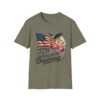 Olive drab t-shirt with an American flag, bald eagle, fireworks, and the text "1776 Was just the Beginning..."