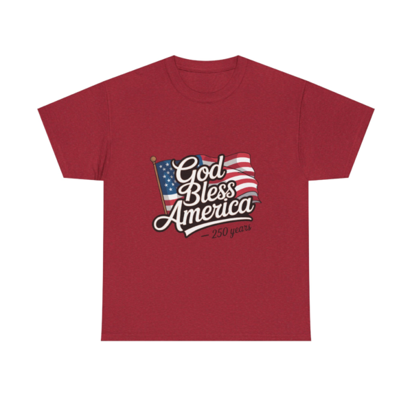 15753070639916115604_2048.webp A maroon t-shirt featuring a 'God Bless America - 250 years' design with American flags.