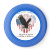 16476205374655454579_2048.webp Blue frisbee with a patriotic design including an eagle, American flag heart, and the text 'God Bless America' and '250 Years of Freedom 1776-2026'.
