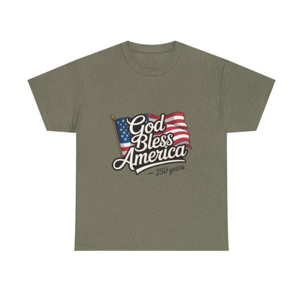 17220589566985287845_2048.webp Olive green t-shirt with a 'God Bless America - 250 years' design incorporating an American flag.