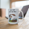 18061642442516037074_2048.webp A ceramic mug with a cartoon image depicting a farmer holding a fan that is blowing what appears to be manure onto a flower garden. The text on the mug reads, 'WHEN CRAP HITS THE FAN!'