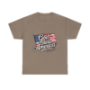 2111139356763041353_2048.webp A unisex heavy cotton t-shirt in tan featuring the text "God Bless America - 250 years" over an American flag graphic.