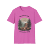 Pink t-shirt with a graphic of a cabin scene, campfire, and the text 'When the Wi-Fi is Weak... the Connection is Strong'.