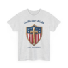 2388242770714147692_2048-1.webp Light gray t-shirt with a shield design featuring a gold cross superimposed on a background of American flag colors (red and white stripes, blue field with white stars). Above the shield is the phrase 'God is our shield' and below it '250th Anniversary'.