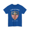 2581496055265442132_2048.webp Blue t-shirt with a patriotic shield design featuring a cross, stars, and red stripes. The text 'God is our shield' is printed above the shield and '250th Anniversary' is printed below the shield.
