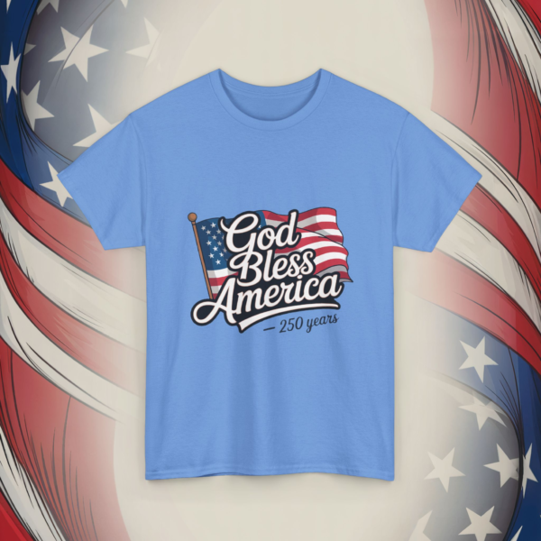 2591567121697573664_v2_2048_custom.webp A light blue t-shirt featuring a graphic of an American flag with 'God Bless America - 250 years' overlaid on it. The background has a faded American flag design.