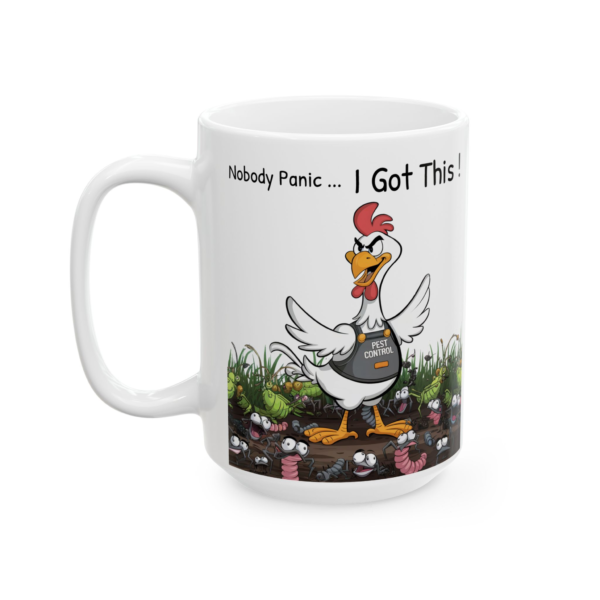 2698994968503935354_2048.webp White mug featuring a cartoon chicken in a "Pest Control" vest surrounded by insects and worms, with the text "Nobody Panic... I Got This!"