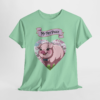 3183003879549548299_2048.webp A light green t-shirt featuring a cartoon pink pig wearing a blue bow tie, set within a heart shape and a banner that reads 'My Pet Piggy'.