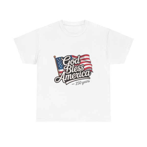 4725585746278026298_2048.webp White t-shirt featuring a vintage-style graphic of the American flag with the words 'God Bless America - 250 years'.