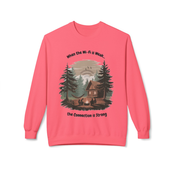 4792073463253163525_2048.webp Pink sweatshirt featuring a campfire scene with the text "When the WiFi is Weak...the Connection is Strong".