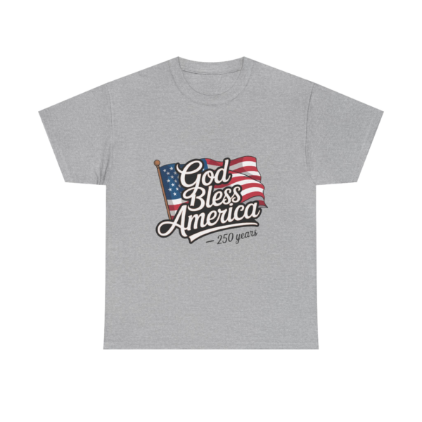 5604488000107161687_2048.webp A gray t-shirt with the design 'God Bless America - 250 years' superimposed over an American flag.