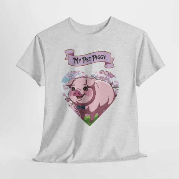 6068713022504397595_2048.webp A grey t-shirt featuring a cartoon pig with the text 'My Pet Piggy' in a banner above the pig.