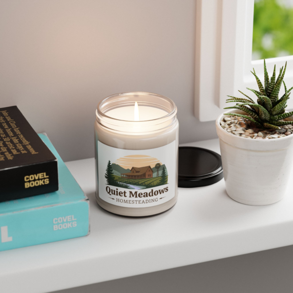 7148140815015420797_2048.webp Quiet Meadows scented soy candle with a label depicting a homestead scene with a house, windmill, and trees, next to books and a succulent plant.