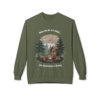 7550069164811393010_2048.webp Olive green sweatshirt with a graphic of a cabin in the woods, people around a campfire, and the text 'When the WiFi is Weak...the Connection is Strong'.