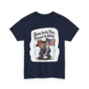 8588147044603414171_2048.webp Navy t-shirt displaying a cartoon illustration of a farmer with a US flag and the text "Born to be Free, Forced to Work".