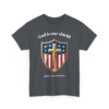 9277597549208307200_2048.webp A dark gray t-shirt featuring a shield design with a gold cross, stars, and stripes, and the text 'God is our shield' and '250th Anniversary'.