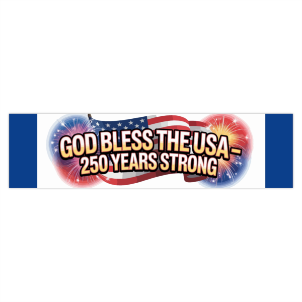 god-bless-the-usa-250-years-strong-patriotic-bumper-sticker.webp God Bless the USA 250 Years Strong Patriotic Bumper Sticker celebrating America’s 250th anniversary with red, white, and blue design.