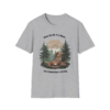 Gray t-shirt featuring a cabin scene with people around a campfire, trees, and the text 'When the Wi-Fi is Weak... the Connection is Strong'.
