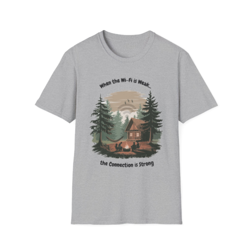 9738870870054030400_2048.webp Gray t-shirt featuring a cabin scene with people around a campfire, trees, and the text 'When the Wi-Fi is Weak... the Connection is Strong'.