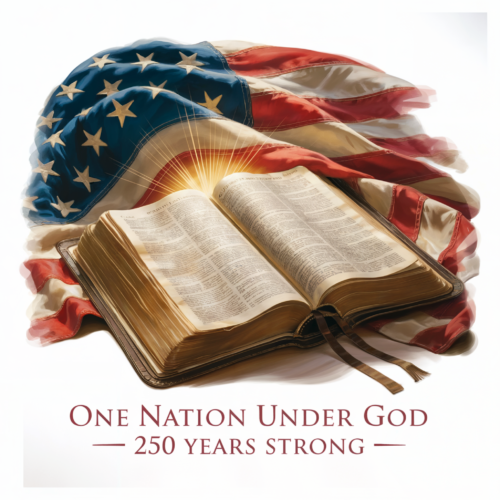 Digital illustration of an open Bible with a radiating light, draped with an American flag. The text "One Nation Under God - 250 Years Strong" is at the bottom.