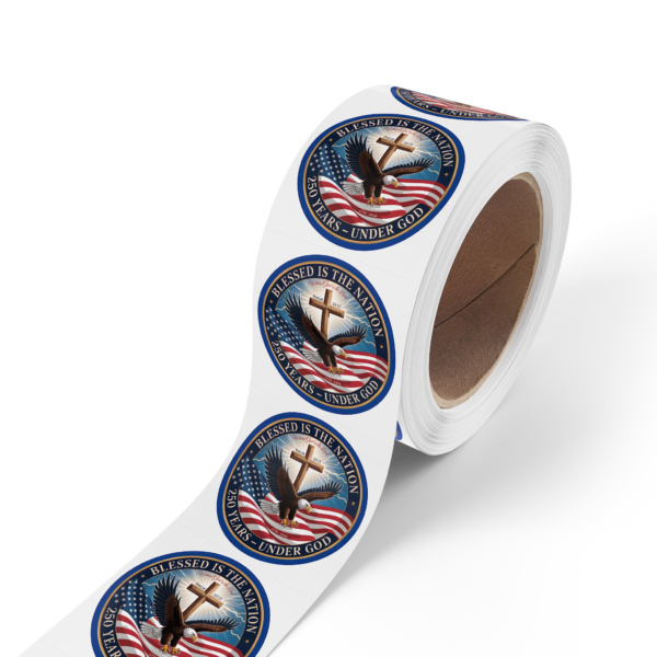 9977875115278011000_2048.webp Round Sticker Rolls — "Blessed Is The Nation" Patriotic Cross & Eagle Seal (250 Years — Under God)